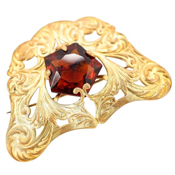 Antique Art Nouveau Gold Wash Brooch with Large Amber Glass Stone - Picture 6 of 9